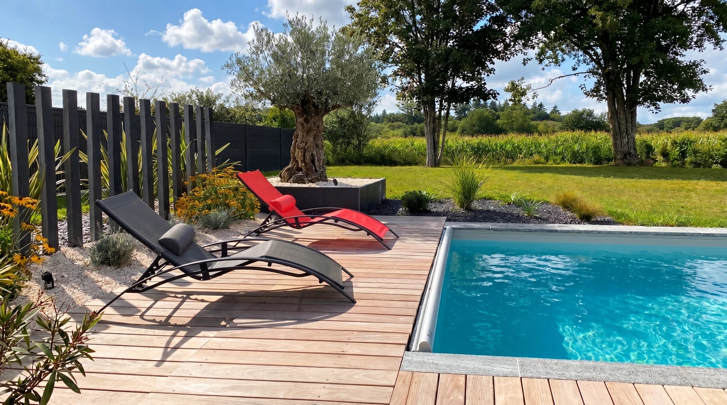 Terrasse en bois exotique (ipé ou teck) entourant une piscine à débordement intérieur avec liner gris anthracite